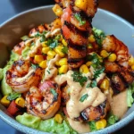 Grilled Shrimp Bowl with Avocado, Corn Salsa & Creamy Sauce