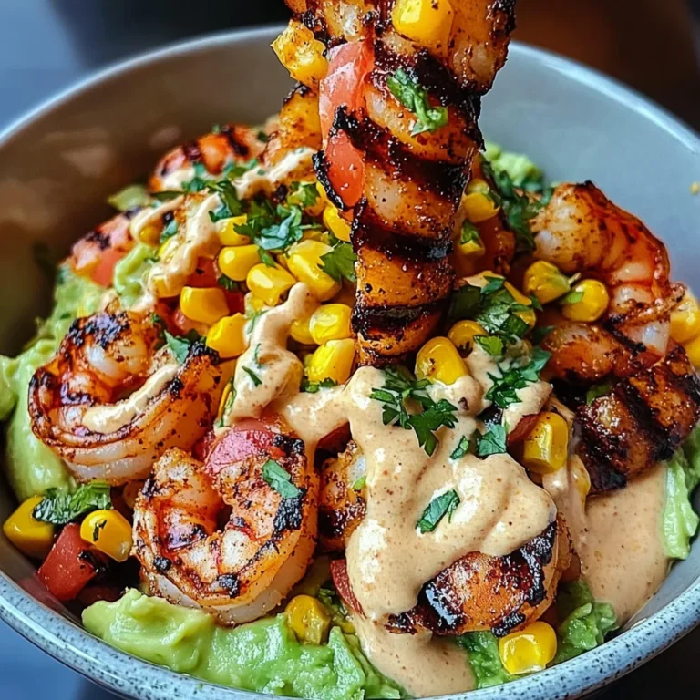 Grilled Shrimp Bowl with Avocado, Corn Salsa & Creamy Sauce