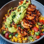 Grilled Shrimp Bowl with Avocado, Corn Salsa & Creamy Sauce