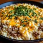Garlic Butter Beef and Rice Skillet with Cheddar Parmesan Sauce