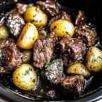 crockpot garlic butter beef bites with potatoes